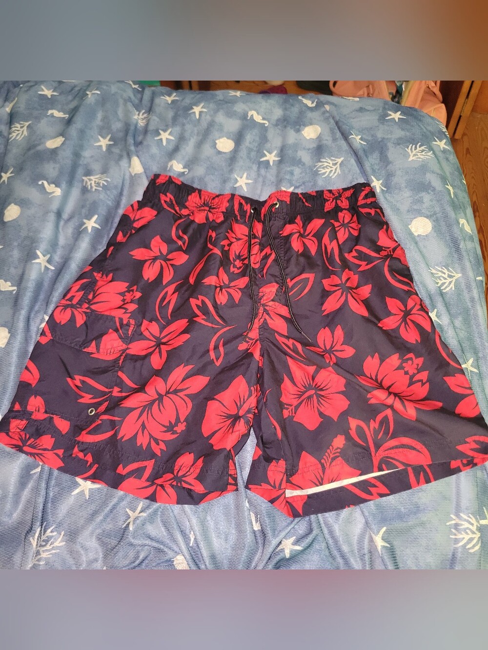 croft & barrow Navy Swim Trunks with Red Floral Print